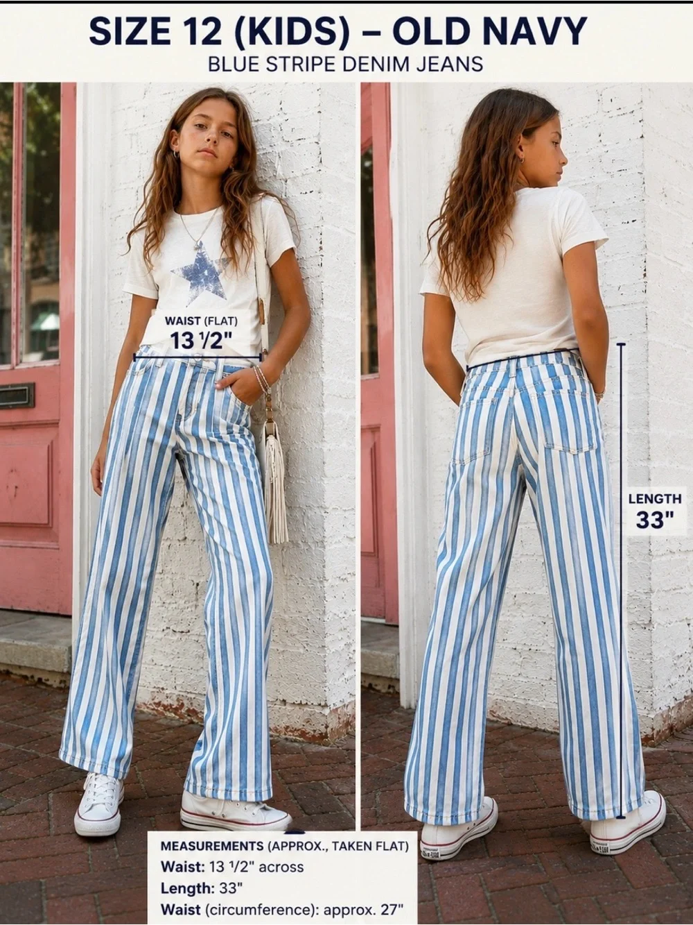 Old Navy Blue & White Striped Wide-Leg Jeans (Kids) 100%cotton .